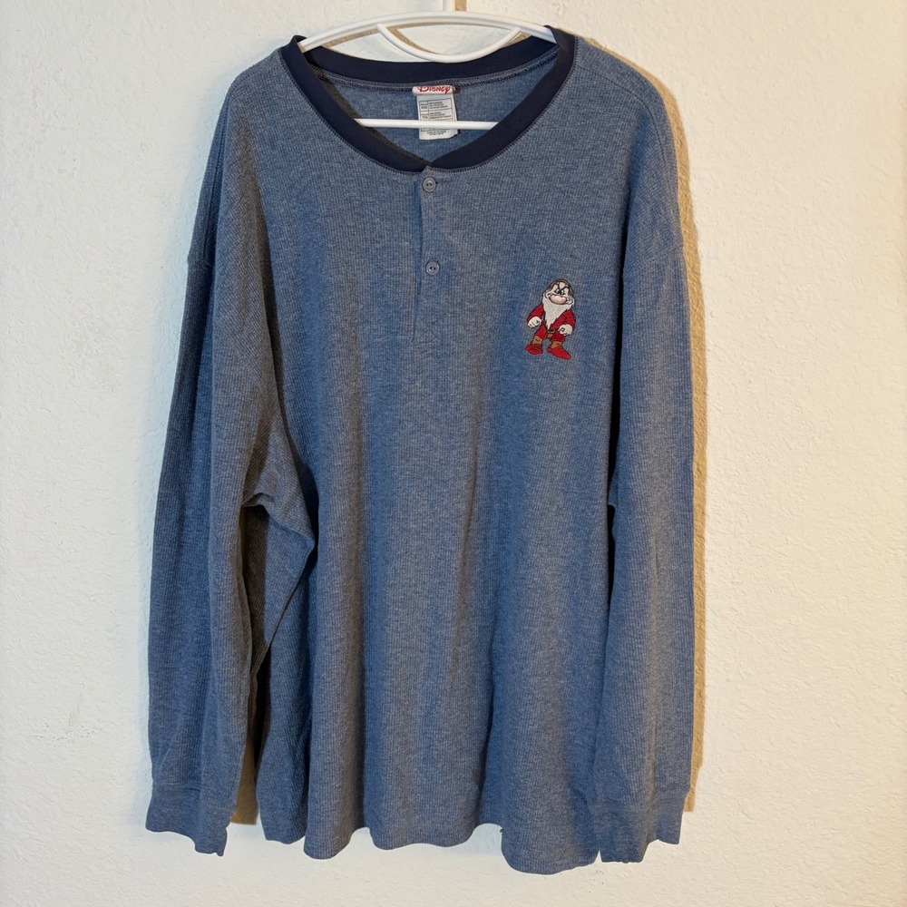 Vintage Disney Henley Shirt Mens XXL Blue Grumpy Snow White Thermal Long Sleeve